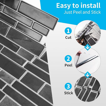 Art3d Marble Peel and Stick Backsplash, 10-Sheet, 12" x 12", Smoky Black | Lightweight, Self Adhesive, Moisture Resistant, Easy to DIY, Modern Style, for Kitchen, Bedroom, Ideal for New Home Buyers