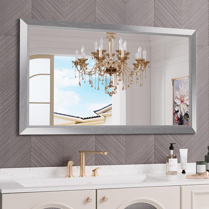 Bathroom Mirror for Wall, 50x30 Inch (Brushed Silver) | HD Reflection, Tempered Glass, Thick Metal Framed Rectangle Mirrors for Over Sink, Bedroom, Living Room, Entryway, Anti-Rust