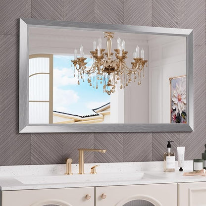 Bathroom Mirror for Wall, 50x30 Inch (Brushed Silver) | HD Reflection, Tempered Glass, Thick Metal Framed Rectangle Mirrors for Over Sink, Bedroom, Living Room, Entryway, Anti-Rust