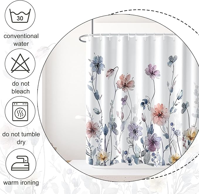 Flower Shower Curtain, Wildflower Shower Curtain Floral with Hooks, 72x72" | AWERT Pastel Shower Curtain for Bathroom, Spill-resistant Fabric Floral Bathroom Curtain Machine washable, with 12 Hooks