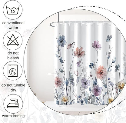 Flower Shower Curtain, Wildflower Shower Curtain Floral with Hooks, 72x72" | AWERT Pastel Shower Curtain for Bathroom, Spill-resistant Fabric Floral Bathroom Curtain Machine washable, with 12 Hooks