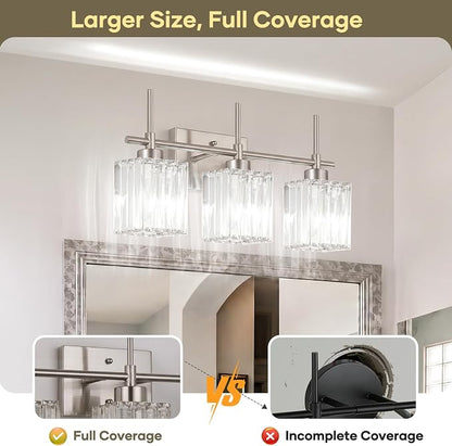 Torondo Modern Crystal Bathroom Vanity Light 3-Light Brushed Nickel Bathroom Light Fixtures Over Mirror Vanity Lighting Fixtures Square Shade Wall Sconce (Bulbs Not Include)