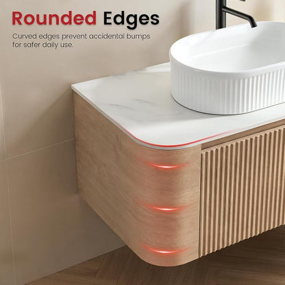 60" Floating Bathroom Vanity with Double White Sink, Honey Oak | Pre-Assembled Fluted Wall Mounted Vanity with Sintered Stone Countertop, Rounded Edges, Soft-Close Drawers & Towel Rack
