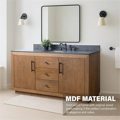 HOMEBEYOND 60" Bathroom Vanity with Single Sink & Ceramic Top, MDF Material Vanity Cabinet with Basin Combo, Soft-Closing Doors, Removable Shelf, Backsplash, Tan