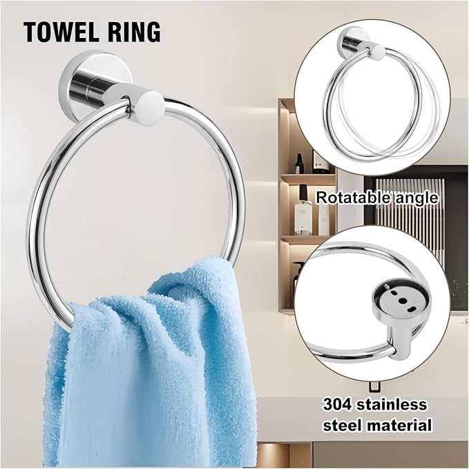 5 Piece Modern Style Wall Mounted Bathroom Hardware Set | #304 Stainless Steel, 24" Towel Bar Mount, Towel Rings, L Shape Toilet Paper Holder, Bathrobe Hook (Chrome)