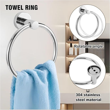 5 Piece Modern Style Wall Mounted Bathroom Hardware Set | #304 Stainless Steel, 24" Towel Bar Mount, Towel Rings, 2 Pillar Toilet Paper Holder, Bathrobe Hook (Chrome)