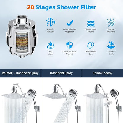Hibbent 12" Dual Filtered Shower Head Combo, 10-spray Handheld, Chrome | All Metal High Pressure Rainfall Shower Head Combo with Filter, 16" Extension Arm, 3-way Diverter, 71" Hose & Shower Holder