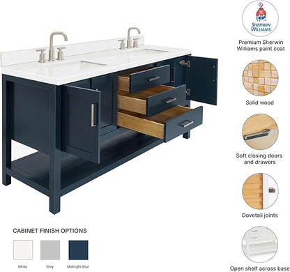 DKB Olivia 72" Midnight Blue Double Bathroom Vanity with Rectangular Undermount Sinks, 1.5" Carrara Quartz Countertop, 4 Soft-Closing Doors, 3 Dovetail Drawers, Open Shelf