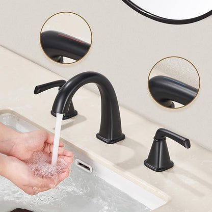 Widespread Bathroom Faucet 3 Hole, Matte Black Bathroom Sink Faucet, 2 Handle Brass Bathroom Faucets for Vanity Faucet with Pop Up Drain and 2 Supply Lines