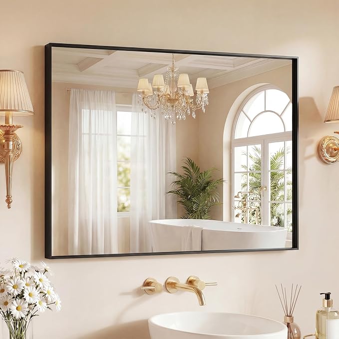 Bathroom Mirrors for Over Sink, 30" x 36" Rectangle Wall Mount Mirror with Metal Frame, Modern Vanity Mirror with Tempered Glass, for Home Decor, Anti-Rust, Black