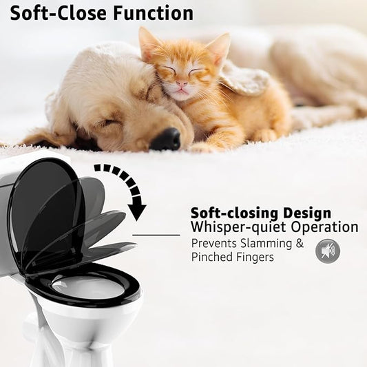 Toilet Seat Rround 16.5inch Soft Close， Toilet Lid Round PP Material Safe & Easy Clean & Quick Installation, Sturdy Accessories Never Loosen， 2 Years Support, Black…