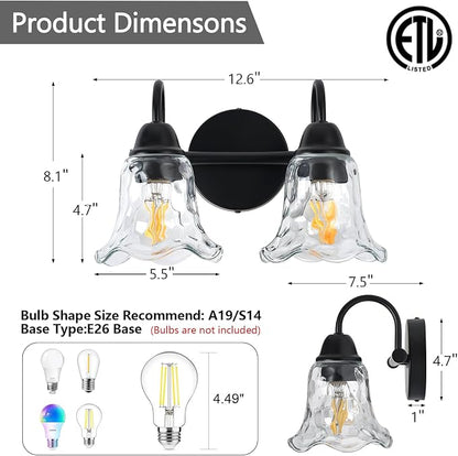 Bathroom Light Fixtures over Mirror, 2 Lights Vintage Wall Sconces with Hammered Glass Shade, 12.6" Matte Black Farmhouse Bathroom Wall Light Fixtures for Bedroom, Porch, Hotel, Mirror Cabinet