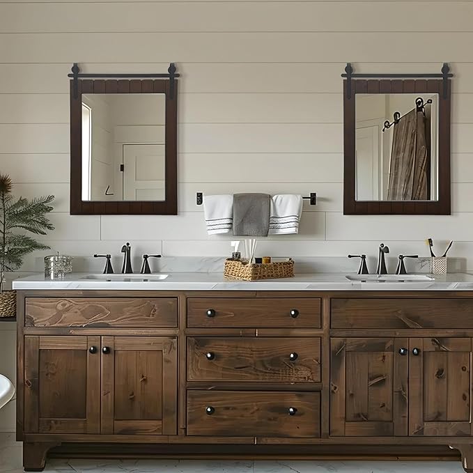 Besdomus Rustic Bathroom Farmhouse Mirror: 22"x30" Dark Brown Barn Door Solid Cedar Wood Frame Vanity Mirror - Wall Mounted Mirror for Hallway/Living Room/Bathroom - Rustic Decor for Fashion-Conscious