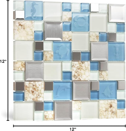 Blue Sea Glass Tile Backsplash Beach Style Mosaic Tiles Real Seashell Inside (Pack of 5 Sheets)