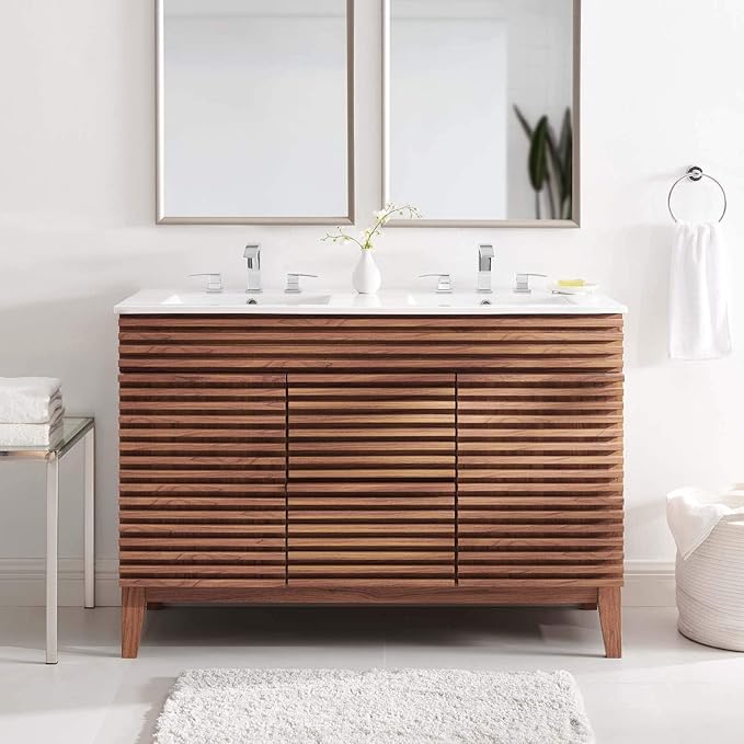 Pemberly Row 48" Modern Wood Double Sink Bathroom Vanity, Walnut/White Finish, MDF and Particleboard Construction, Ceramic Sink Basin, Mid-Century Style, Tapered Legs, Ample Storage for Bathroom Use