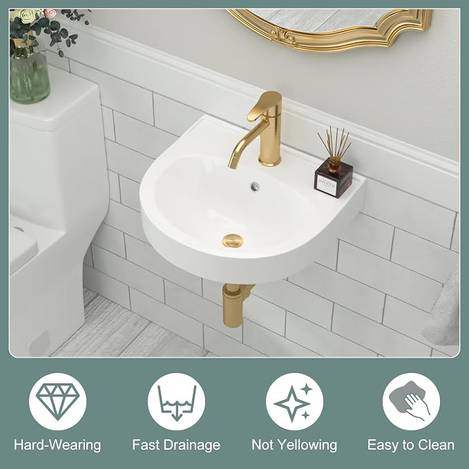 Wall Mount Bathroom Vessel Sink Space Saving | Beslend 16"x14" Inch White Ceramic Vessel Sink, Semi-Circular Bowl White Art Basin with Overflow and Single Hole
