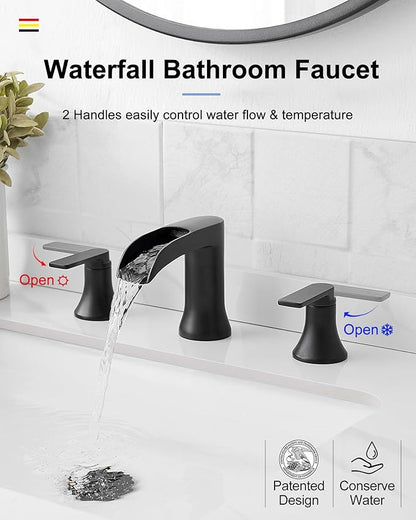 Waterfall Bathroom Sink Faucet, Brass Black Bathroom Faucet, 4-8 Inch 2 Handles Widespread Bathroom Faucets for Sink 3 Hole Vanity Lavatory Farmhouse RV with Pop Up Drain and Supply Hose