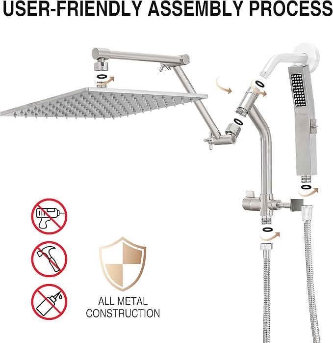 All Metal 10 Inch Rain Shower Head with Handheld Built-in Power Wash Mode, High Pressure Waterfall Rainfall Square Shower Heads with 16" Adjustable Extension Arm, Dual Showerhead(Brushed Nickel)