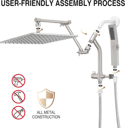 All Metal 10 Inch Rain Shower Head with Handheld Built-in Power Wash Mode, High Pressure Waterfall Rainfall Square Shower Heads with 16" Adjustable Extension Arm, Dual Showerhead(Brushed Nickel)