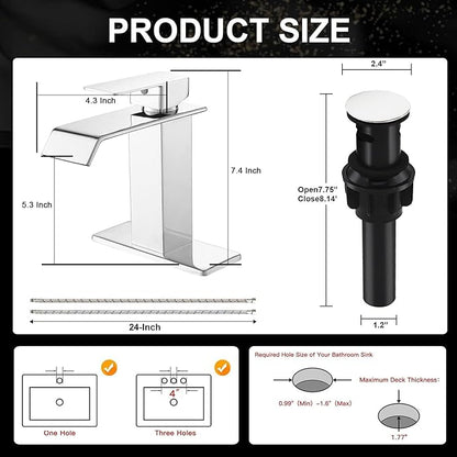 Chrome Waterfall Bathroom Faucet 1 Hole Deck Mount, Single Handle Bathroom Sink Faucet Modern Polished Lavatory Vanity Mixer Tap Commercial with Pop Up Drain