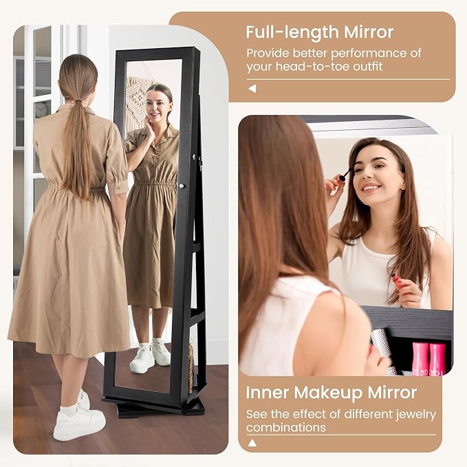 COSTWAY 360 Rotating Jewelry Armoire Cabinet, Standing Jewelry Organizer w/Full-Length Mirror & Large Storage Space, Lockable Mirror Jewelry Cabinet for Girls Women (Black)