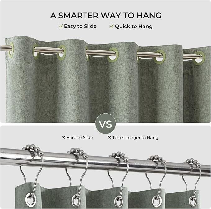 River Dream Linen Textured No Hooks Shower Curtain with Liner,Green,71x74 | with Snap-in Liner,Heavy Duty Fabric,Quick Dry,Bottom Magnets,Water-Repellent,Washable,Farmhouse Bathroom Set