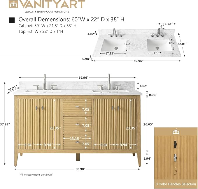 Vanity Art 60 inch Oak Bathroom Vanity with Double Sink & Ceramic Top, Vanity Cabinet with Soft-Closing Door, Solid Wood Frame, Linear Pattern, Natural Oak, VA9160-DNO-MB,Matte Black Handles
