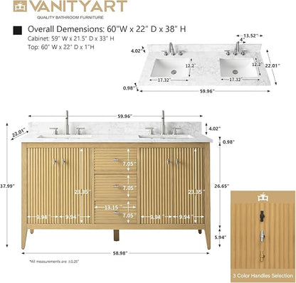 Vanity Art 60 inch Oak Bathroom Vanity with Double Sink & Ceramic Top, Vanity Cabinet with Soft-Closing Door, Solid Wood Frame, Linear Pattern, Natural Oak, VA9160-DNO-MB,Matte Black Handles