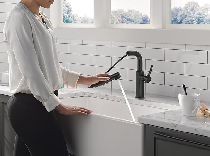 Delta Daneri Matte Black Kitchen Faucet with Pull-Out Sprayer, Modern Single Hole Kitchen Sink, Single Handle, Matte Black 16879-BL-DST