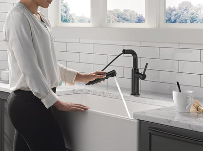 Delta Daneri Matte Black Kitchen Faucet with Pull-Out Sprayer, Modern Single Hole Kitchen Sink, Single Handle, Matte Black 16879-BL-DST