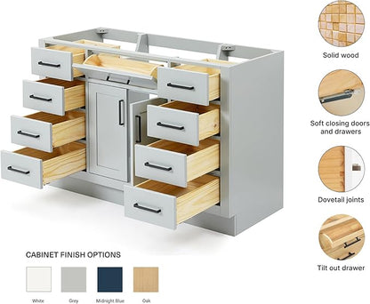 ARIEL Hepburn 48-inch Bathroom Vanity Base Cabinet,Solid Wood, 2 Soft Closing Doors, 9 Dovetail Drawers, Grey