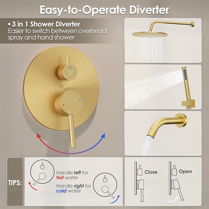 Gabrylly Shower System, 10" Bathtub Shower Faucets Set, Brushed Gold | All Metal Rain Shower Head with Handheld Spray Combo and Tub Spout, Luxury Bathroom Rainfall Shower Head Set With Valve
