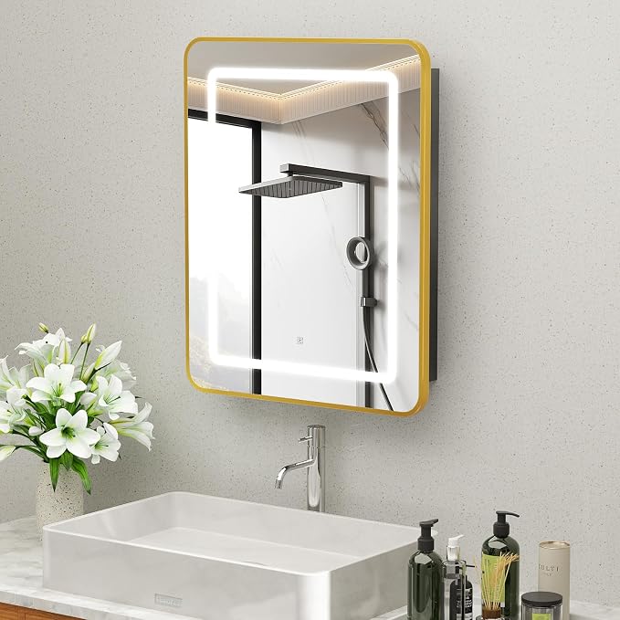 ROOMTEC 16 x 24 Inch Medicine Cabinet Mirror with LED Lights, Gold Bathroom Medicine Cabinet with Mirror and Storage, Recessed or Wall Mount, 3 Color Temperature, Dimmable Light