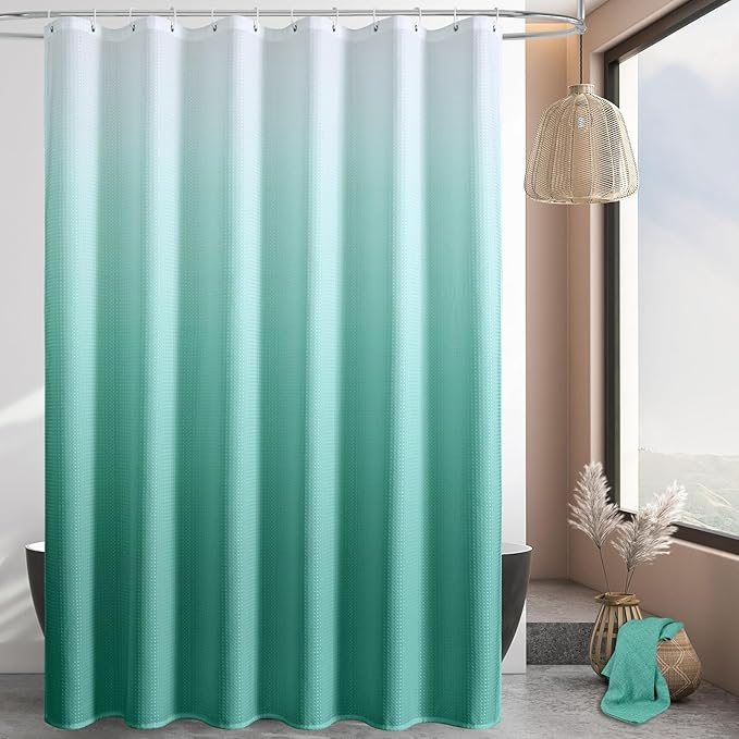 MitoVilla Teal Blue Ombre Waffle Fabric Shower Curtain, Modern Waffle Weave Textured Shower Curtains for Luxury Rustic Bathroom Decor, Vintage Weighted Bathroom Shower Curtain, 72 x 72