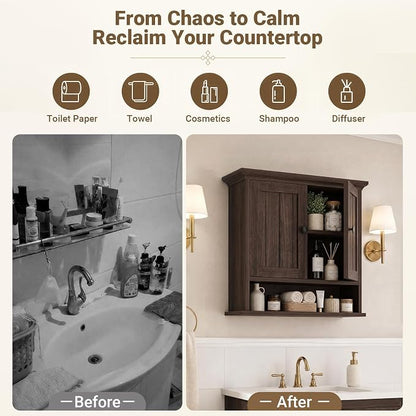 Besiost Farmhouse Bathroom Wall Medicine Cabinet with Removable Towel Bar | Over Toilet Storage Organizer, 7.9" Slim Profile, 100 Lbs Capacity, Adjustable Shelf, Soft Close Hinges Door, Black Walnut