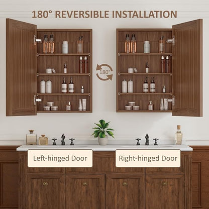 Buruis 20 x 28 Inch Walnut Grain Medicine Cabinet with Mirror, Recessed or Wall-Mounted Wood Storage Cabinet for Bathroom, Adjustable Shelves, Soft-Close Hinges, Rectangle