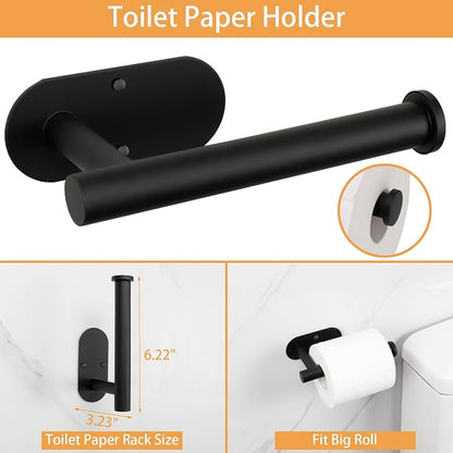 TocTen 5 Pieces Wall Mounted or Self Adhesive Towel Bar Set, Stainless Steel Bathroom Hardware Set Include 16″ Towel Rack, Toilet Paper Holder, 3 Towel Hook, Sticky Bathroom Accessory Kit (Black)