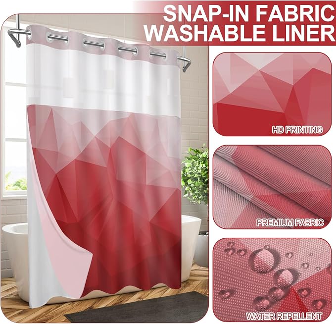 No Hook Shower Curtain with Snap in Liner Set, Red, 71x86 | Waterproof Fabric for Bathroom, Modern Hotel Style Ombre Design, Mesh Top Window, Machine Washable, Quick Install