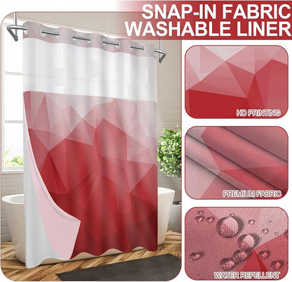 No Hook Shower Curtain with Snap in Liner Set, Red, 71x74 | Waterproof Fabric for Bathroom, Modern Hotel Style Ombre Design, Mesh Top Window, Machine Washable, Quick Install