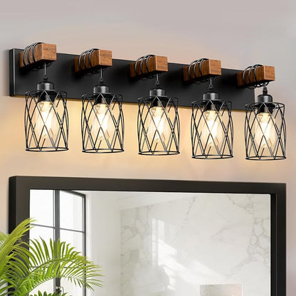 IZORRO Farmhouse Bathroom Vanity Light, 5-Light Wood Bathroom Light Fixtures Over Mirror, Black Industrial Vanity Lights with Metal Shade, Rustic Restroom Lighting Fixtures