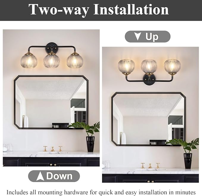 Mecgirn Bathroom Vanity Light Fixtures, 3-Light Smoky Gray Glass Shade, Modern Black and Gold Wall Sconce, Unique Textured Leaf Pattern, Ceramic E26 Sockets Wall Mounted for Mirror, Cabinet, Hallway