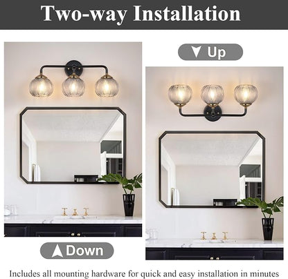 Mecgirn Bathroom Vanity Light Fixtures, 3-Light Smoky Gray Glass Shade, Modern Black and Gold Wall Sconce, Unique Textured Leaf Pattern, Ceramic E26 Sockets Wall Mounted for Mirror, Cabinet, Hallway