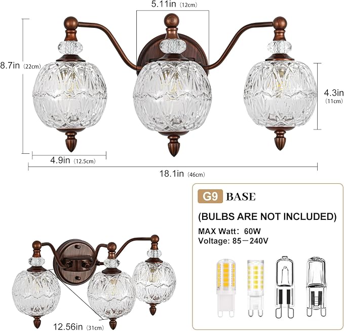 Vintage Bathroom Vanity Light, 3-Light Mid Century Antique Red Bronze Finish Wall Sconce with Globe Glass Shades, Retro Mirror Light for Bathroom, Powder Room