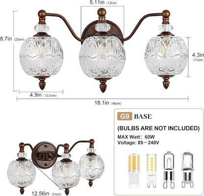 Vintage Bathroom Vanity Light, 3-Light Mid Century Antique Red Bronze Finish Wall Sconce with Globe Glass Shades, Retro Mirror Light for Bathroom, Powder Room