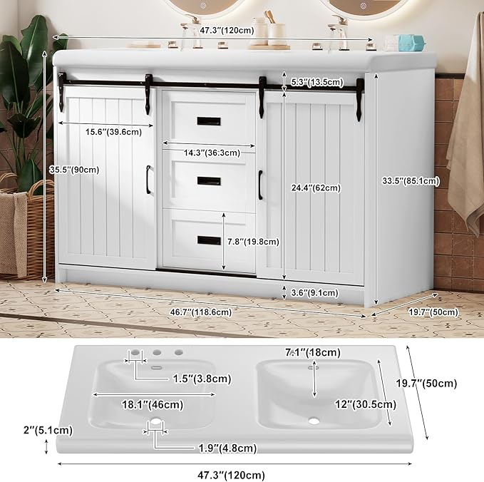 48" White Farmhouse Bathroom Vanity Double Sink, Freestanding Storage Vanity with 2 Barn Sliding Doors, 2 Drawers & 4 Shelves (Actual 47.3" L x 19.7" W x 35.5" H)