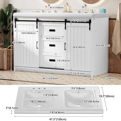 48" White Farmhouse Bathroom Vanity Double Sink, Freestanding Storage Vanity with 2 Barn Sliding Doors, 2 Drawers & 4 Shelves (Actual 47.3" L x 19.7" W x 35.5" H)