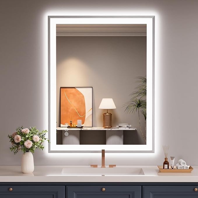 28x36 Inch Silver Frame LED Mirror for Bathroom | Silver Metal Frame, Front and Backlit, 3 Colors, Dimmable, Memory, Anti Fog, Tempered Glass, Lighted Mirror for Wall