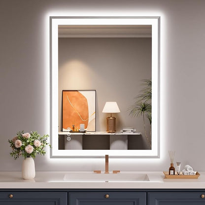 28x36 Inch Silver Frame LED Mirror for Bathroom | Silver Metal Frame, Front and Backlit, 3 Colors, Dimmable, Memory, Anti Fog, Tempered Glass, Lighted Mirror for Wall