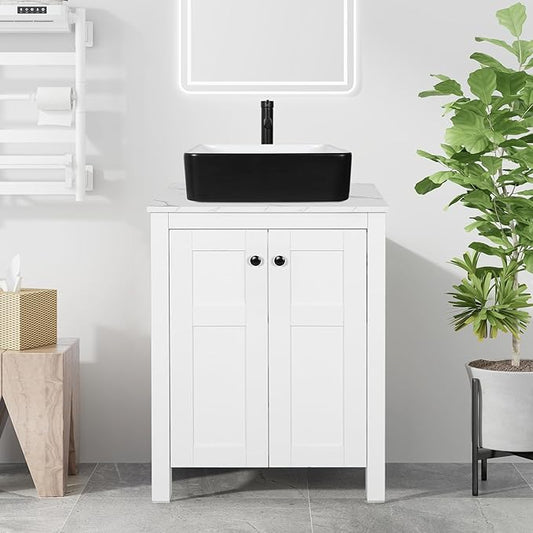 24 Inch White Bathroom Vanity with Marble Texture Top, Traditional Standing Pedestal Cabinet with White and Black Ceramic Sink