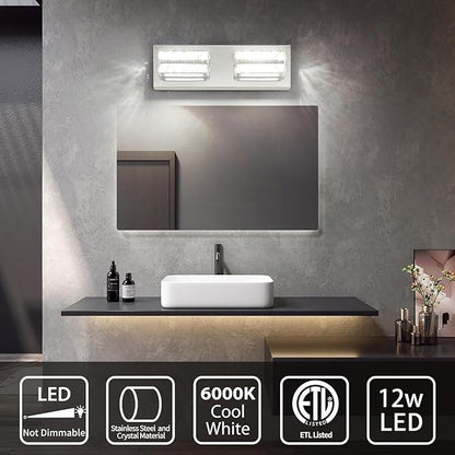OKELI Crystal Bathroom Lighting Fixtures Over Mirror 2 Light Chrome Vanity Light Modern Vanity Wall Light for Washbasin, Dressing Table, 18W, Dimmable Cold White